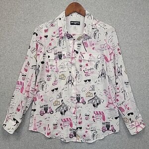 Karl Lagerfeld Paris Eiffel Tower Top Womens Sz S Pink White Long RollTab Sleeve